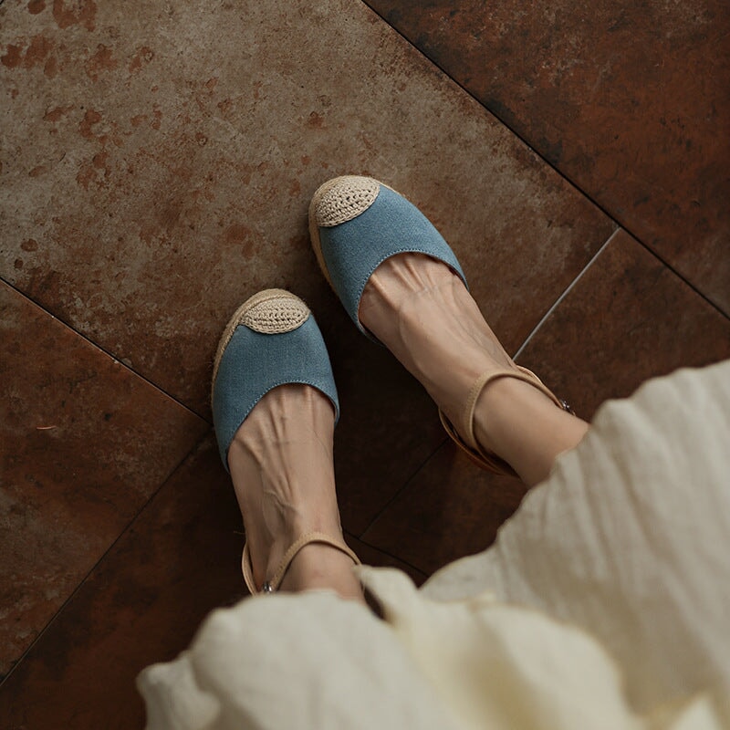 100mm Slingback Espadrille-Wedge Leather Sandals Ankle Strap in Apricot/Blue