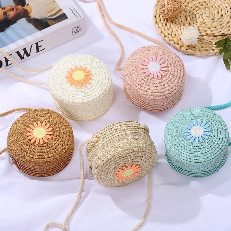 Women's Mini Straw Daisy Vintage Style Round Zipper Straw Bag