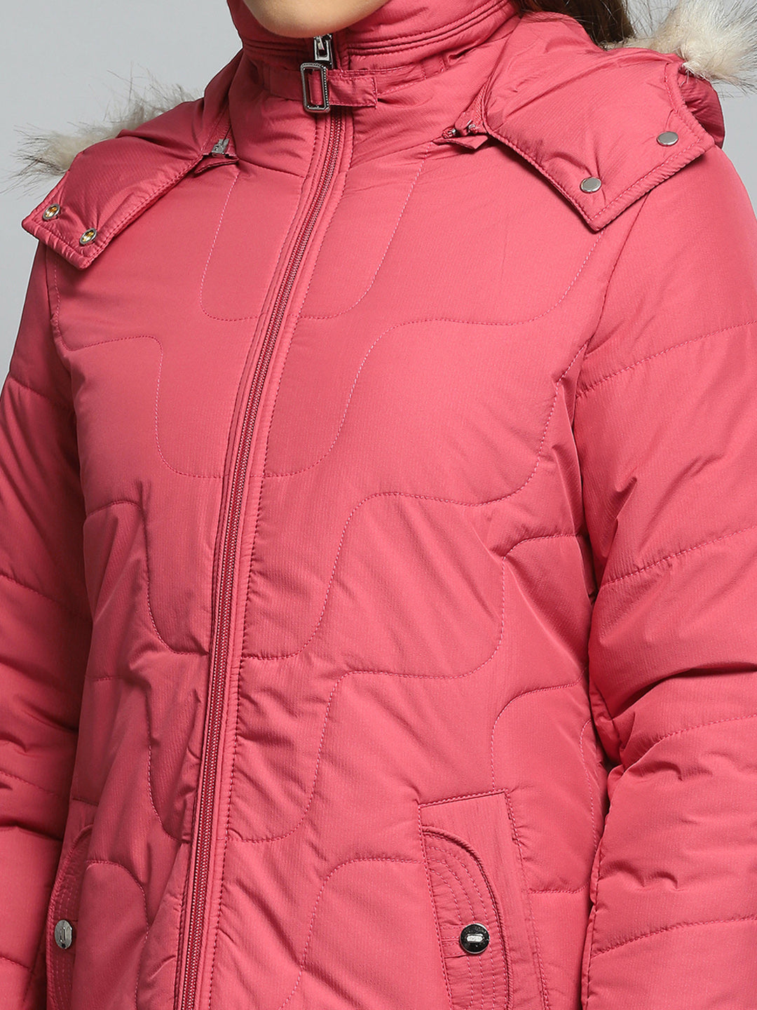 Women Pink Self Design Detachable Hood Full Sleeve Jacket