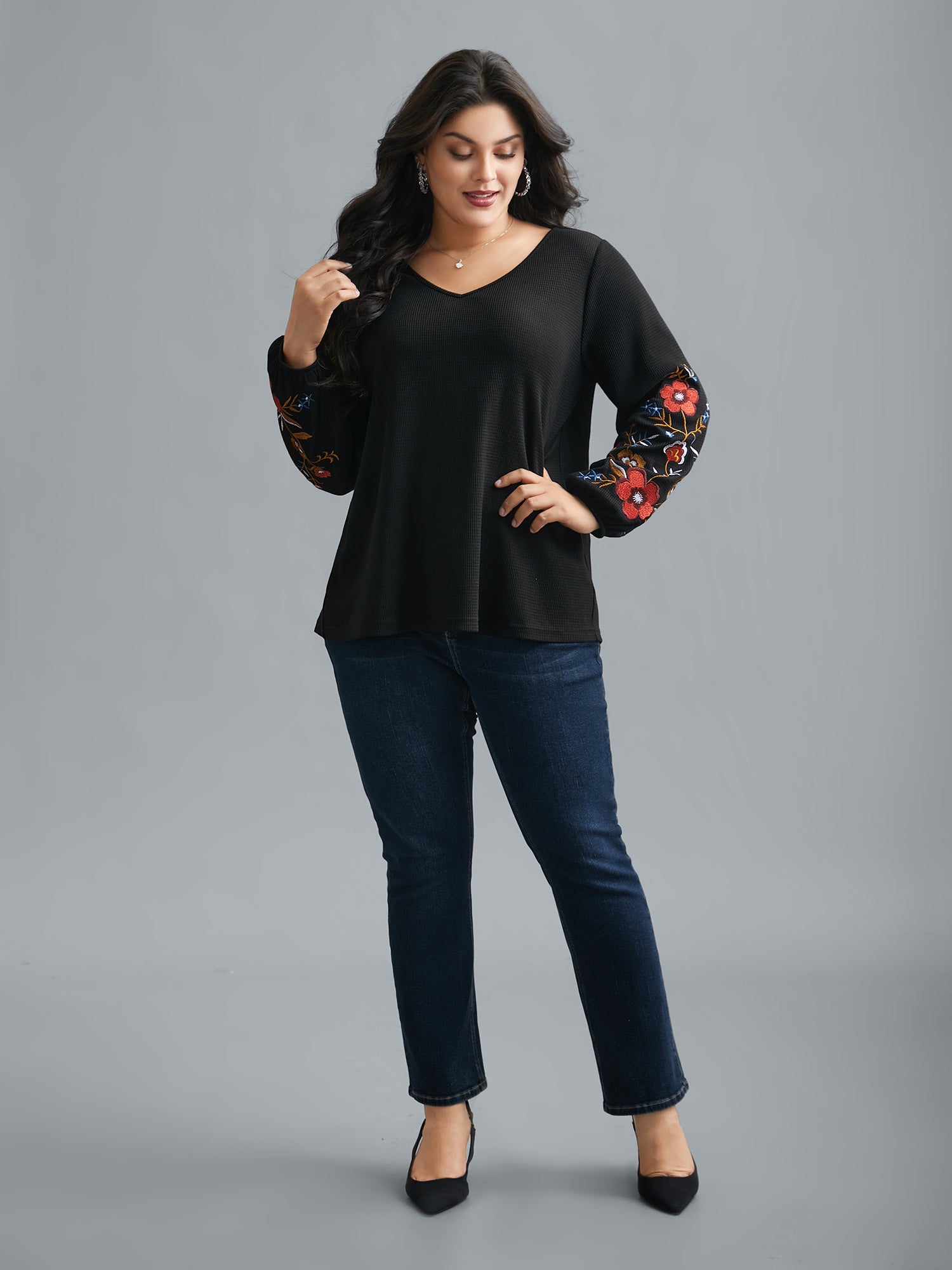 Waffle Knit Floral Embroidered Top