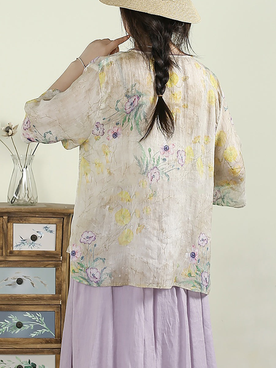 Women Summer Ethnic Flower V-Neck 100%Ramie Shirt