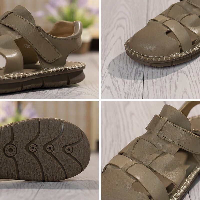 Genuine Leather Gladiator Sandals Summer Breathable Velcro Flat Shoes in Beige/Khaki/Coffee