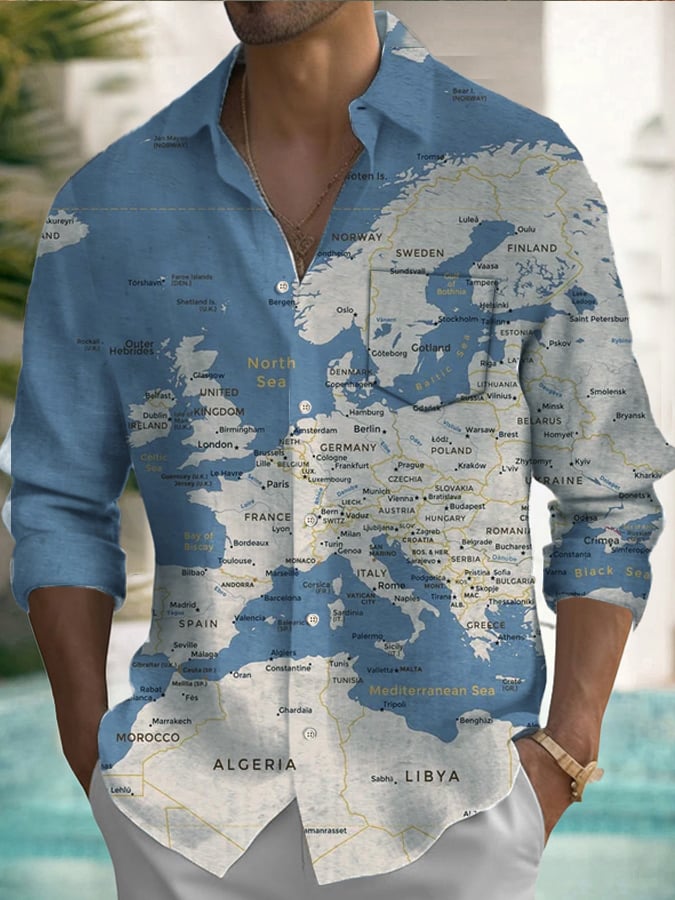 Men's World Map Print Pocket Long Sleeve Shirt