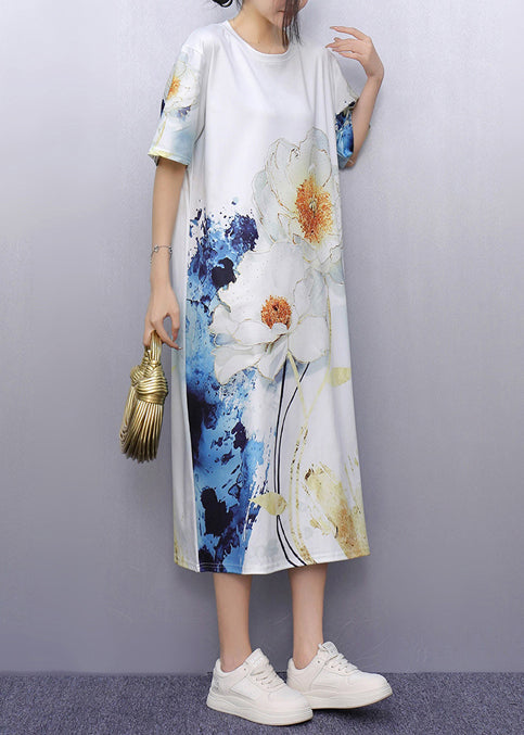 Unique White Print Cotton Straight Dresses Summer
