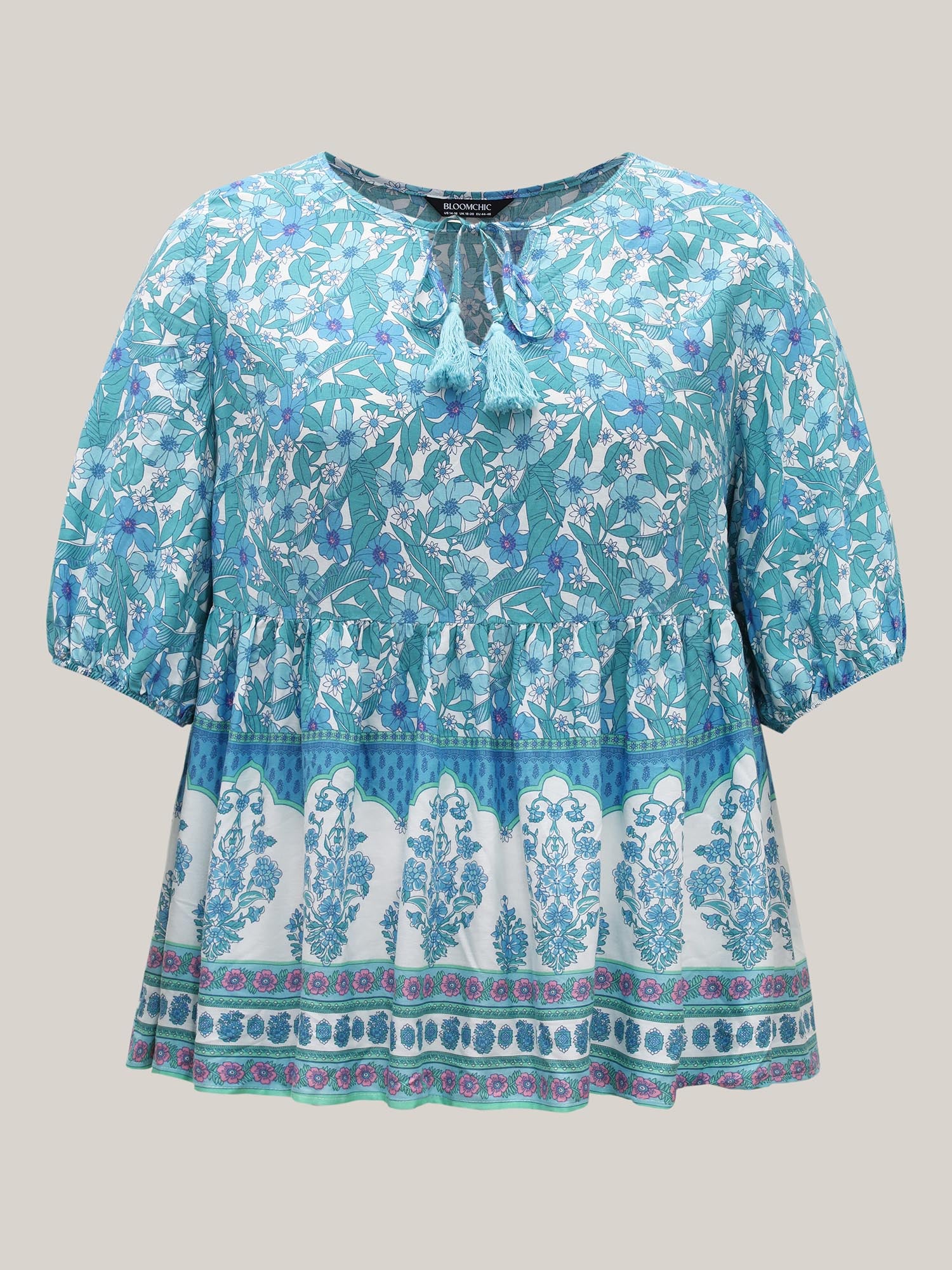 Boho Floral Print Color Contrast Blouse