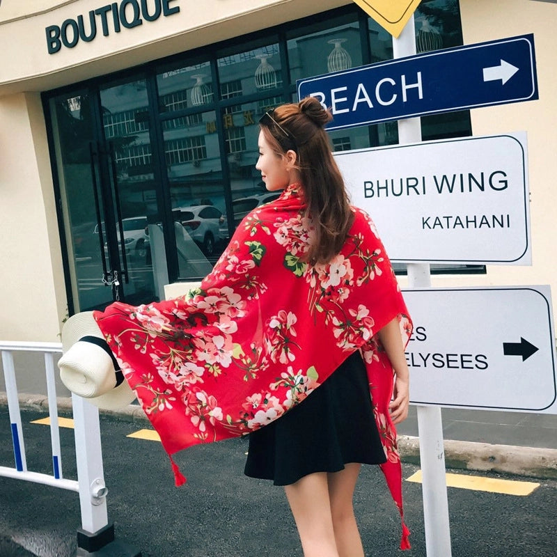 Silk Scarf Women's Summer Seaside Beach Sunscreen Shawl Scarf Dual-use  Long Ethnic Style Plus Size Travel Silk Scarf