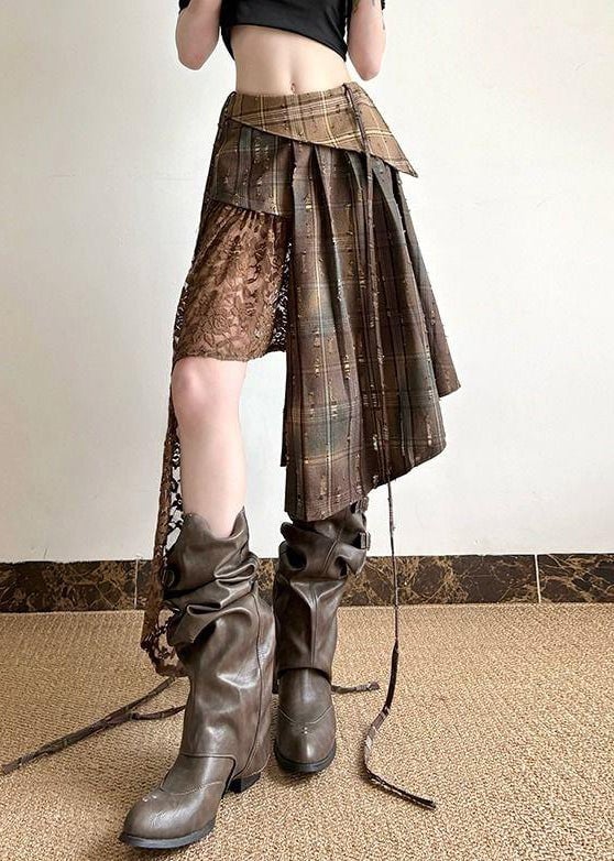 Chic Plaid Asymmetrical Lace Patchwork Cotton Skirt Summer