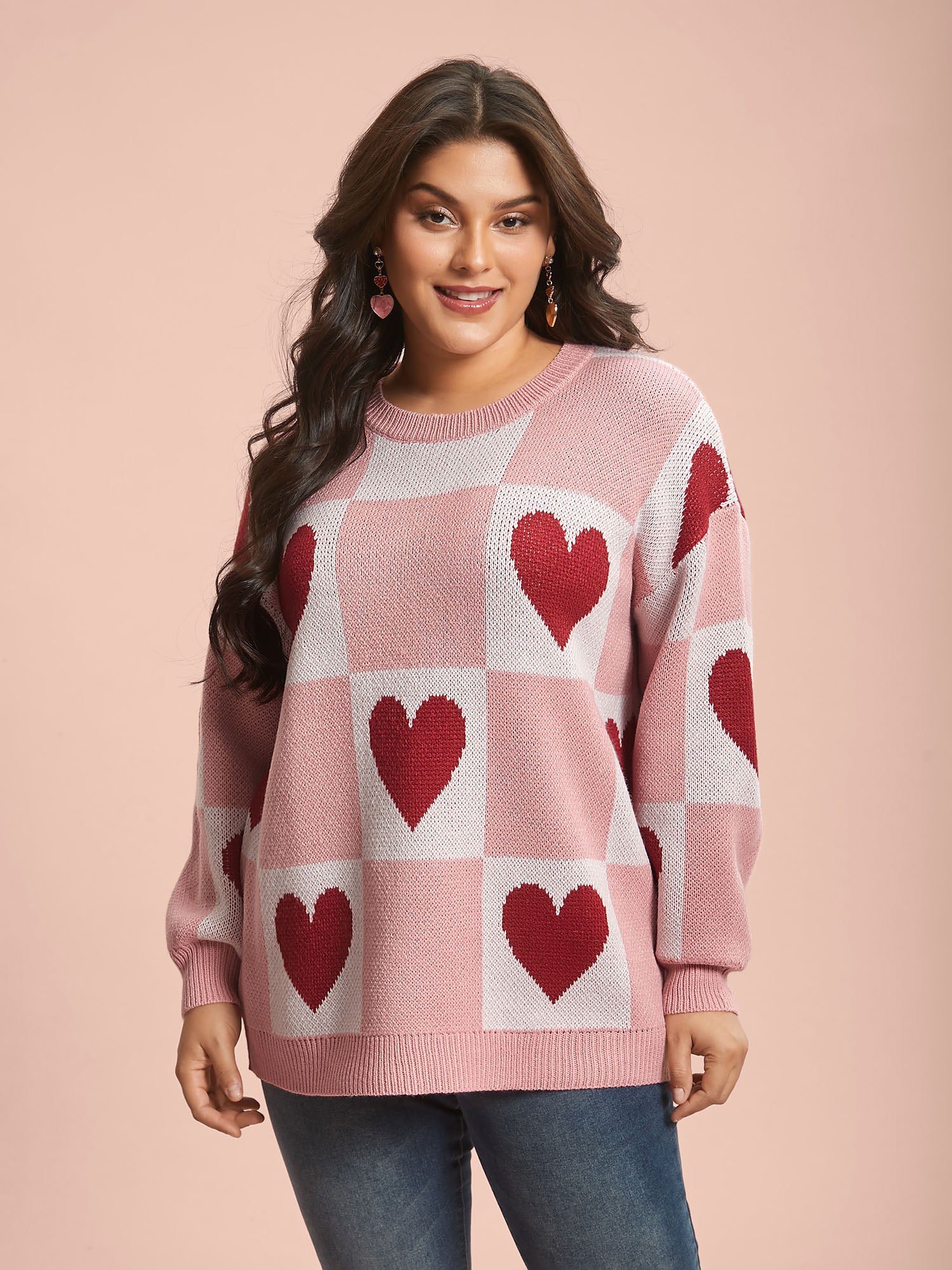 Checkered Hearts Jacquard Color-Contrast Pullover