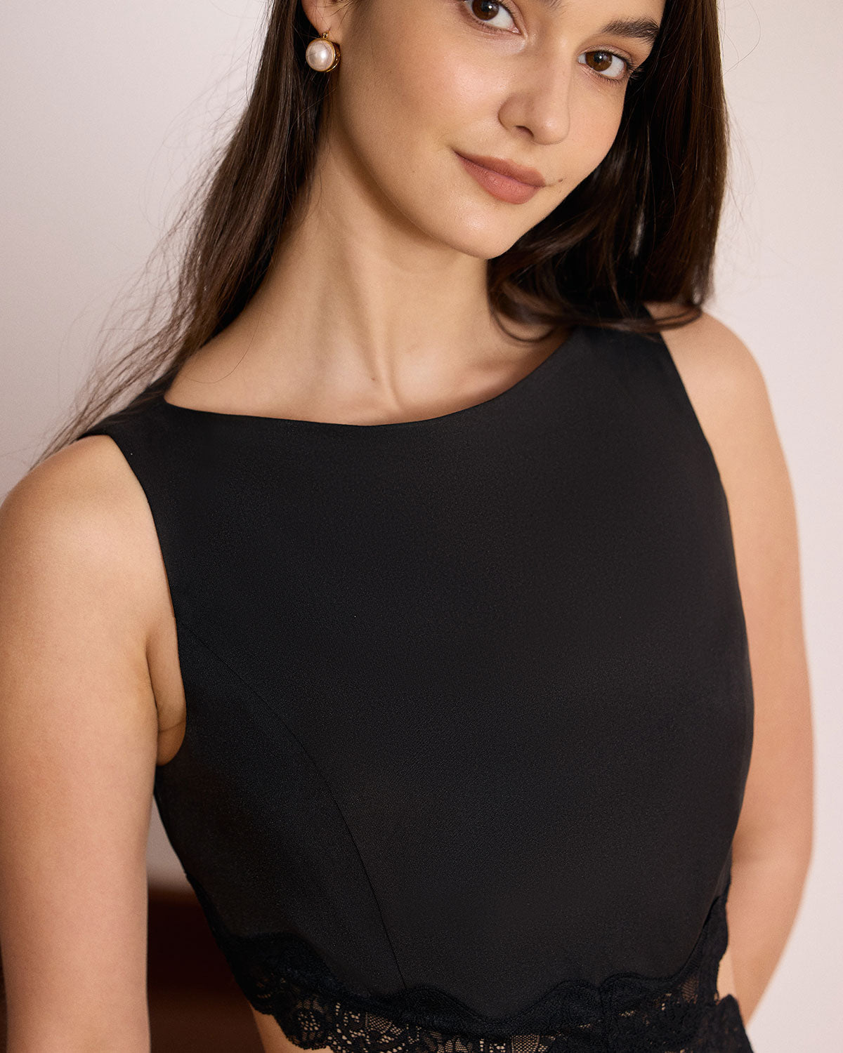 The Black Boat Neck Lace Cutout Mini Dress