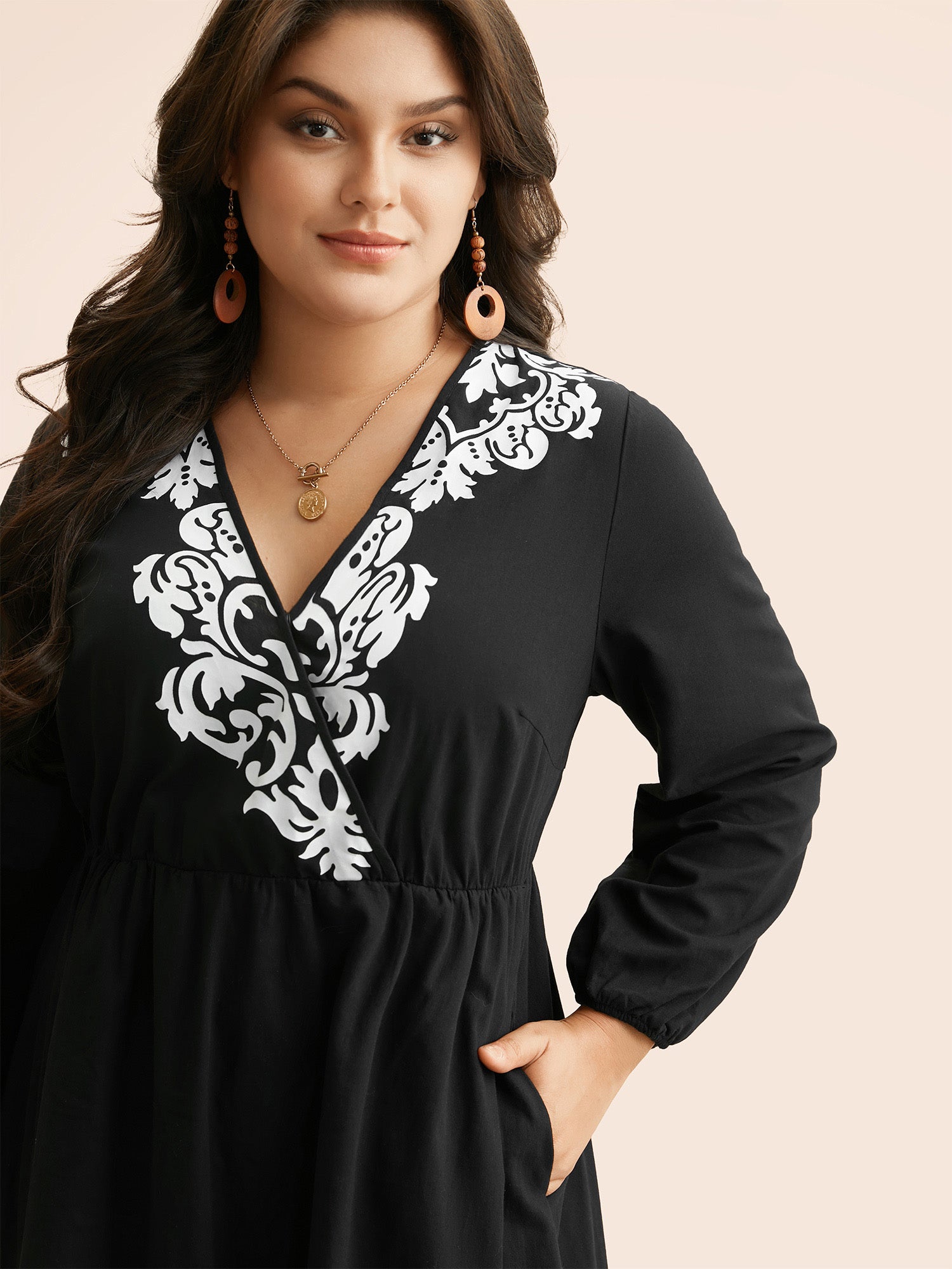 Boho Print Overlap Collar Midi Dress
