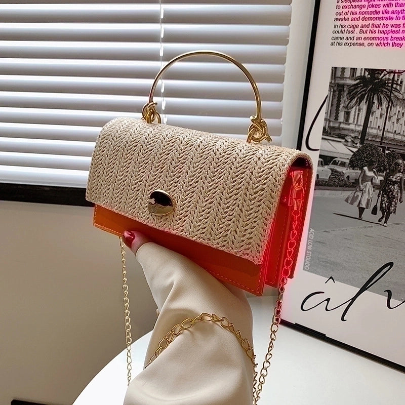 Women's Medium Straw Solid Color Fashion Square Flip Cover Crossbody Bag Square Bag Chain Bag