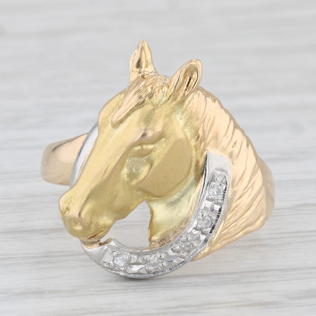 Diamond Accented Horse Ring 18k Yellow Gold 900 Platinum Size 6.25