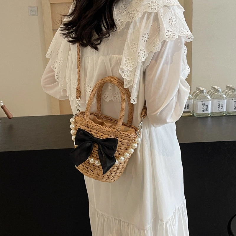 Women's Straw Solid Color Bow Knot Beach Weave Sewing Thread String Handbag Crossbody Bag Bucket Bag