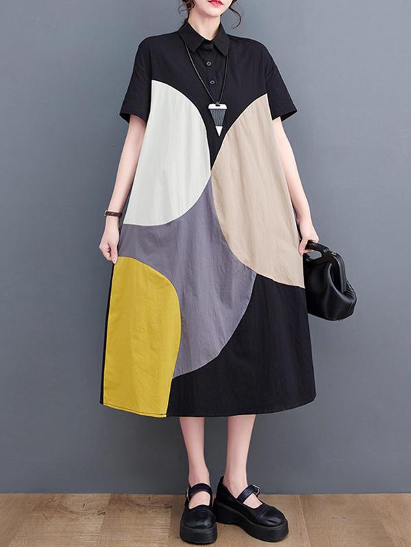 Loose Oversize Color-Block Contrast Color Split-Joint Lapel Midi Dresses Shirt Dress