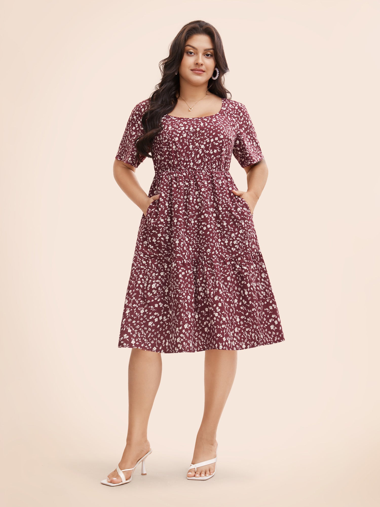 Ditsy Floral U Neck Ruffle Sleeve Dress
