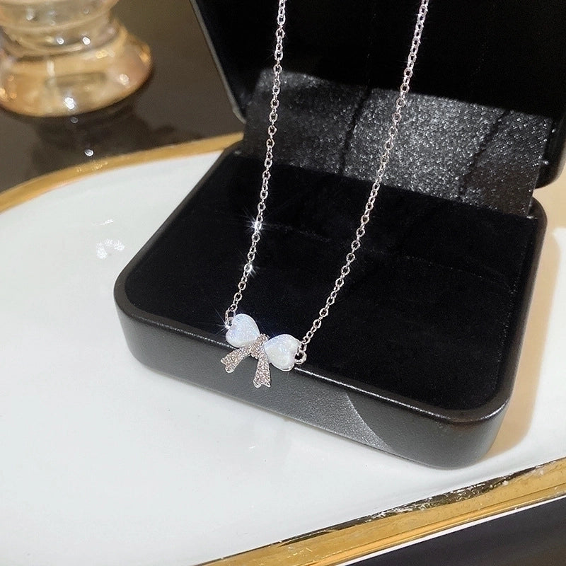 Minimalist Heart Shape Flower Bow Knot Titanium Steel Copper Plating Inlay Artificial Gemstones Pendant Necklace