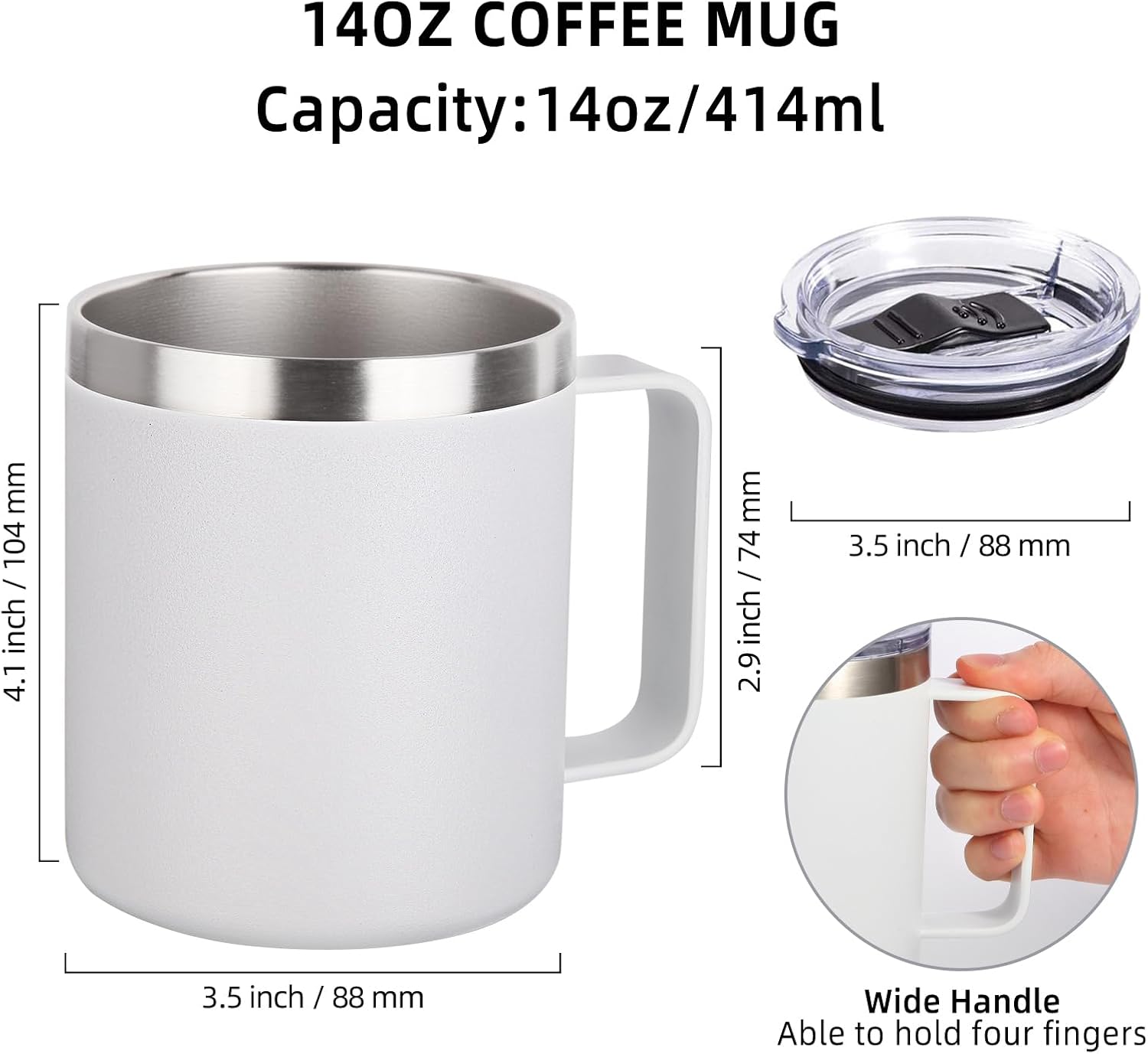 Volhoply 14oz Insulated Stainless Steel Coffee Mug with Leakproof Lid,Double Wall Vacuum Travel Coffee Cup with Handle,Reusable Metal Tumbler,Camping Mugs Keep Hot/Cold,Christmas Gifts(Black,1