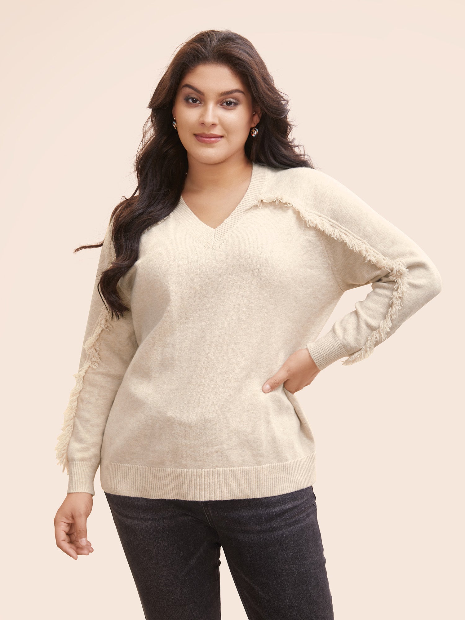 V Neck Raglan Sleeve Fuzzy Trim Pullover