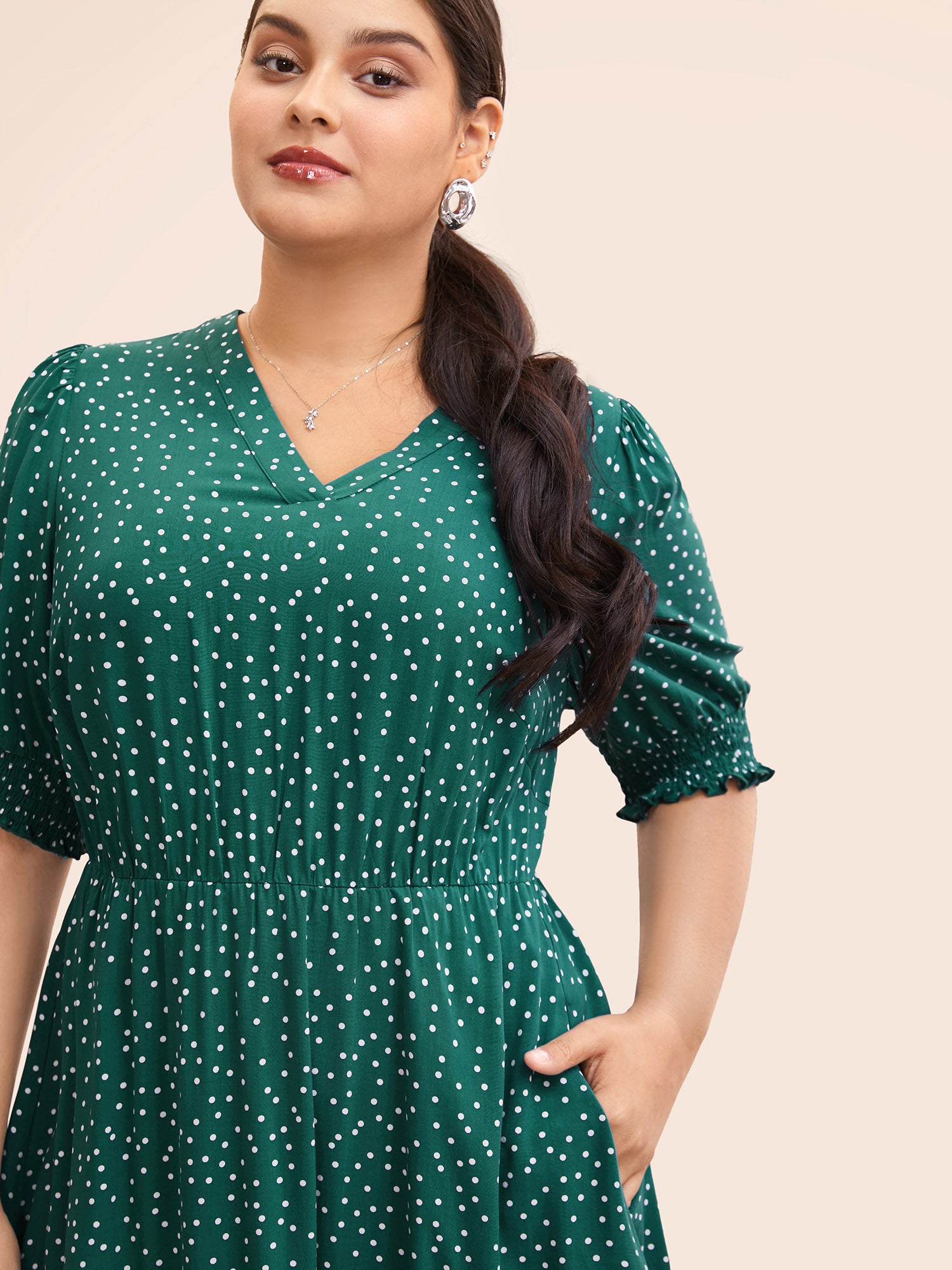 Polka Dot Shirred Pocket Flutter Hem Dress