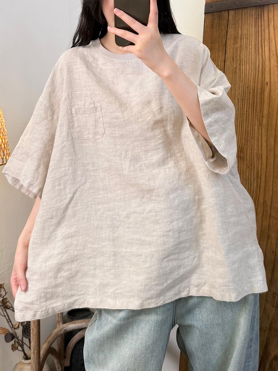 Women Summer Retro Pure Color O-Neck Linen Shirt