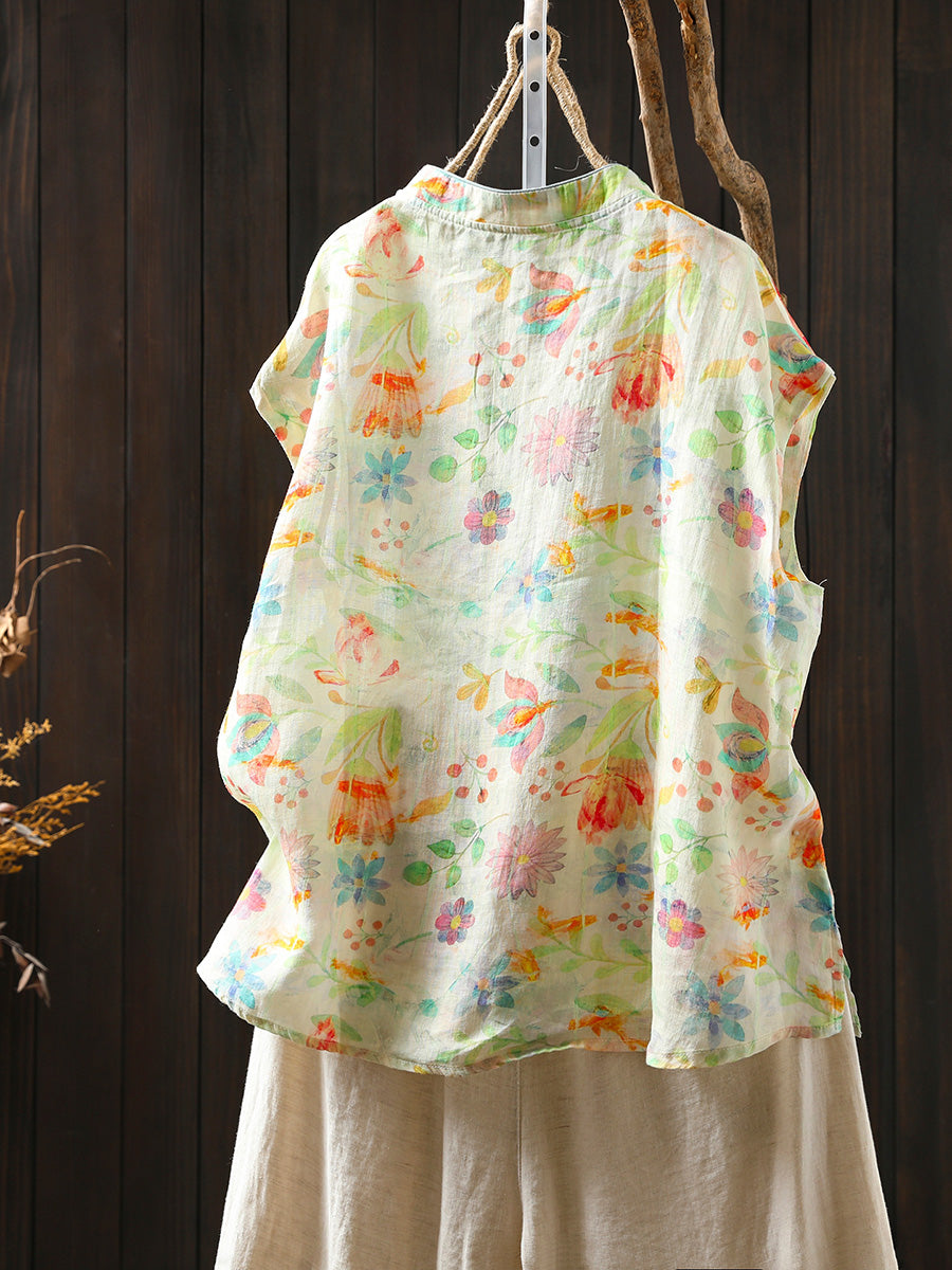 Women Summer Floral 100%Ramie Stand Collar Shirt