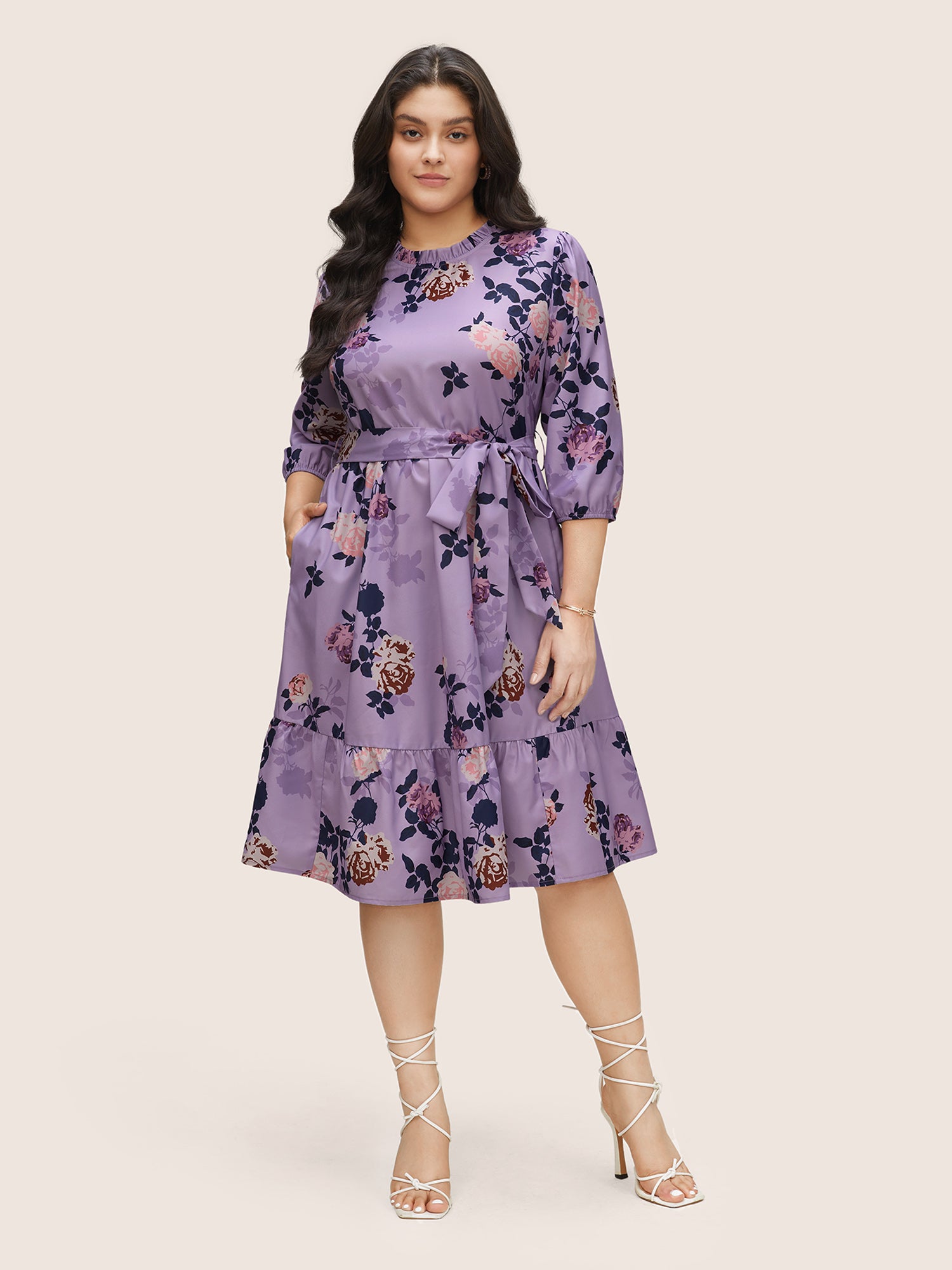 Floral Print Belted Pocket Frill Trim Dress