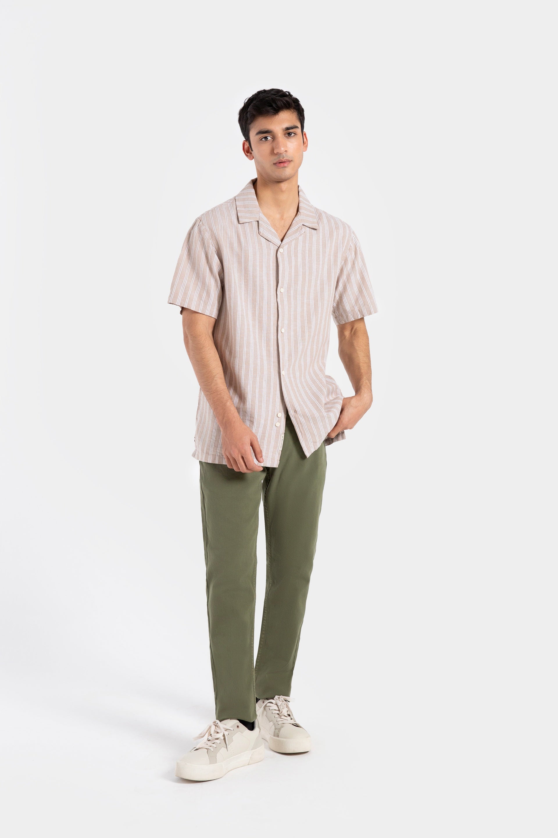 Cotton Linen Striped Resort Collar Shirt