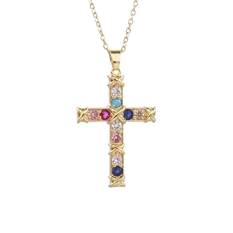 Elegant Lady Cross Copper Plating Inlay Zircon Pendant Necklace
