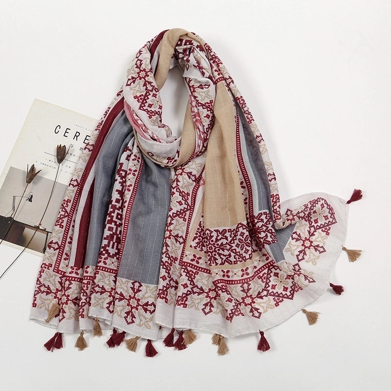 Women'S Sweet Flower Cotton And Linen Tassel Scarf