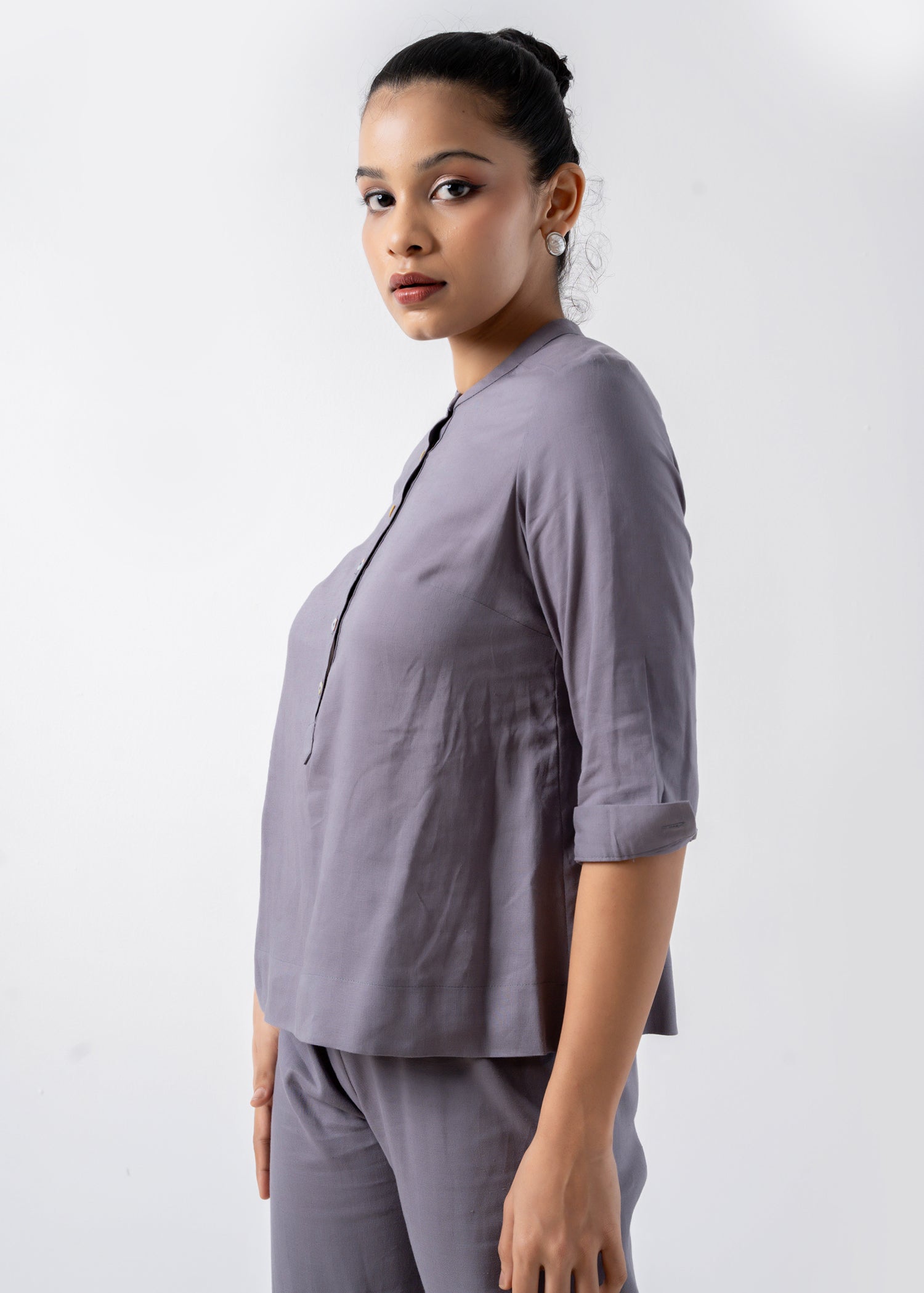 Mandarin Collar Blouse With Short Placket