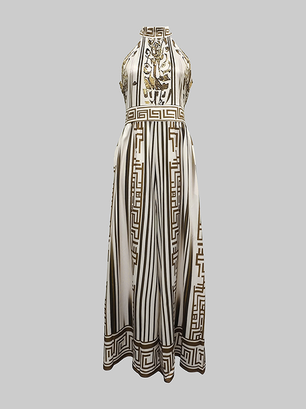 Sleeveless Wide Leg Printed Halter-Neck Jumpsuits