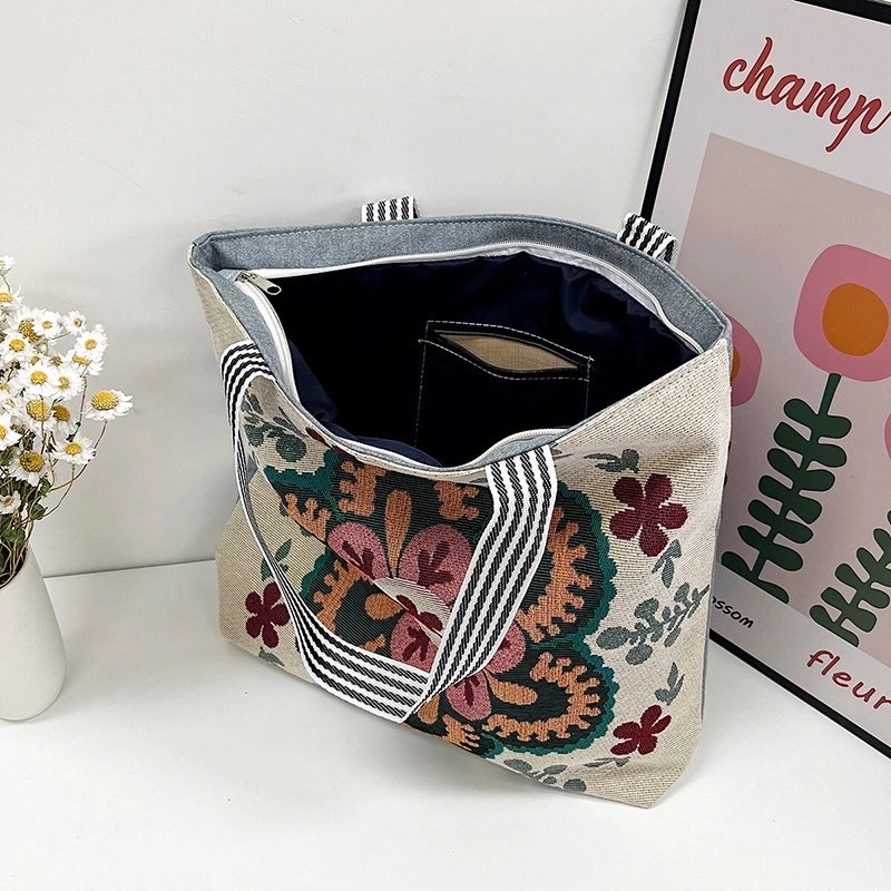 Women's Medium Canvas Geometric Vacation Ethnic Style Zipper Canvas Bag