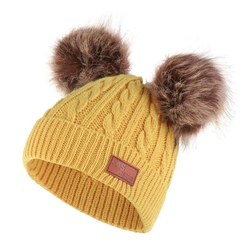 Autumn And Winter Children's Thickened Wool Hat Ear Double Hair Ball Warm Ear Protection Knitted Hat Set With Standard Solid Color Hat