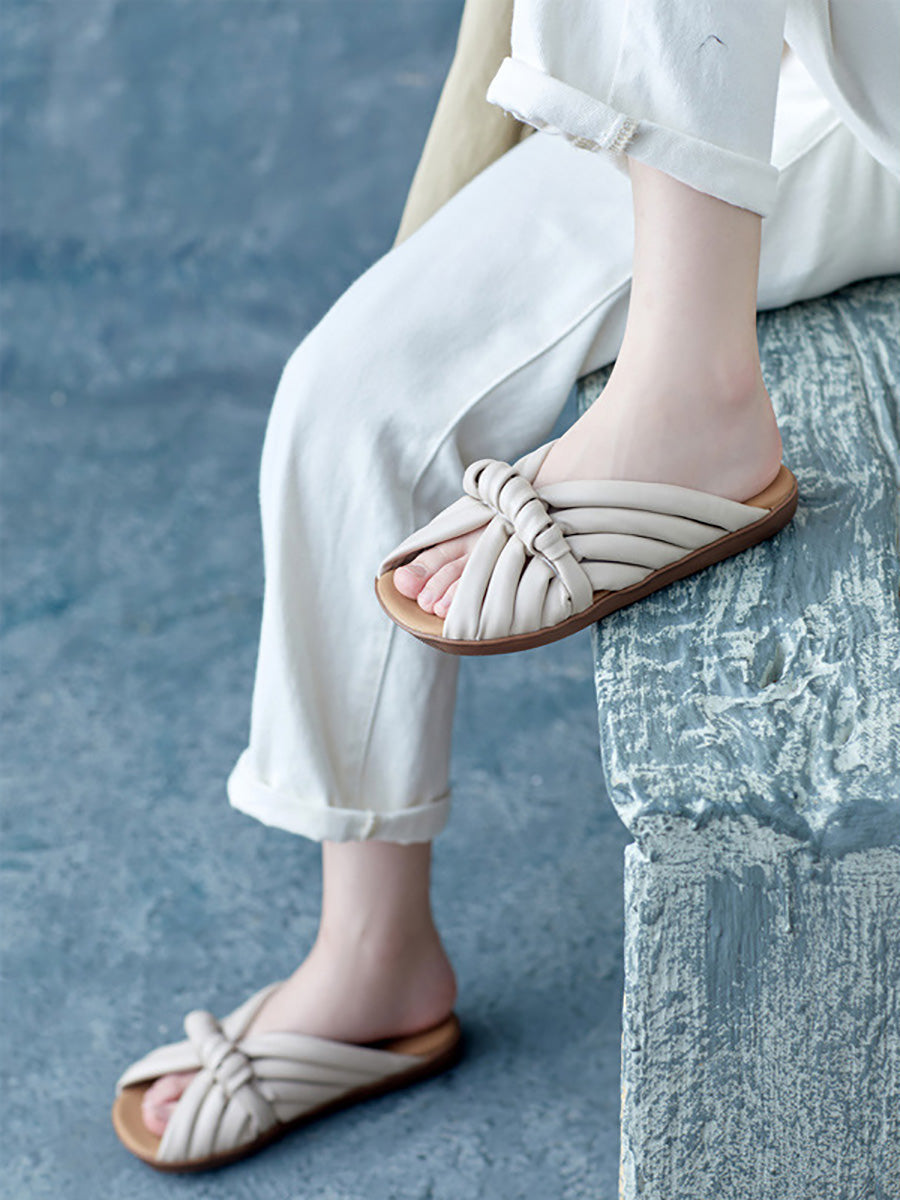 Women Summer Casual Genuine Leather Spliced Slippers