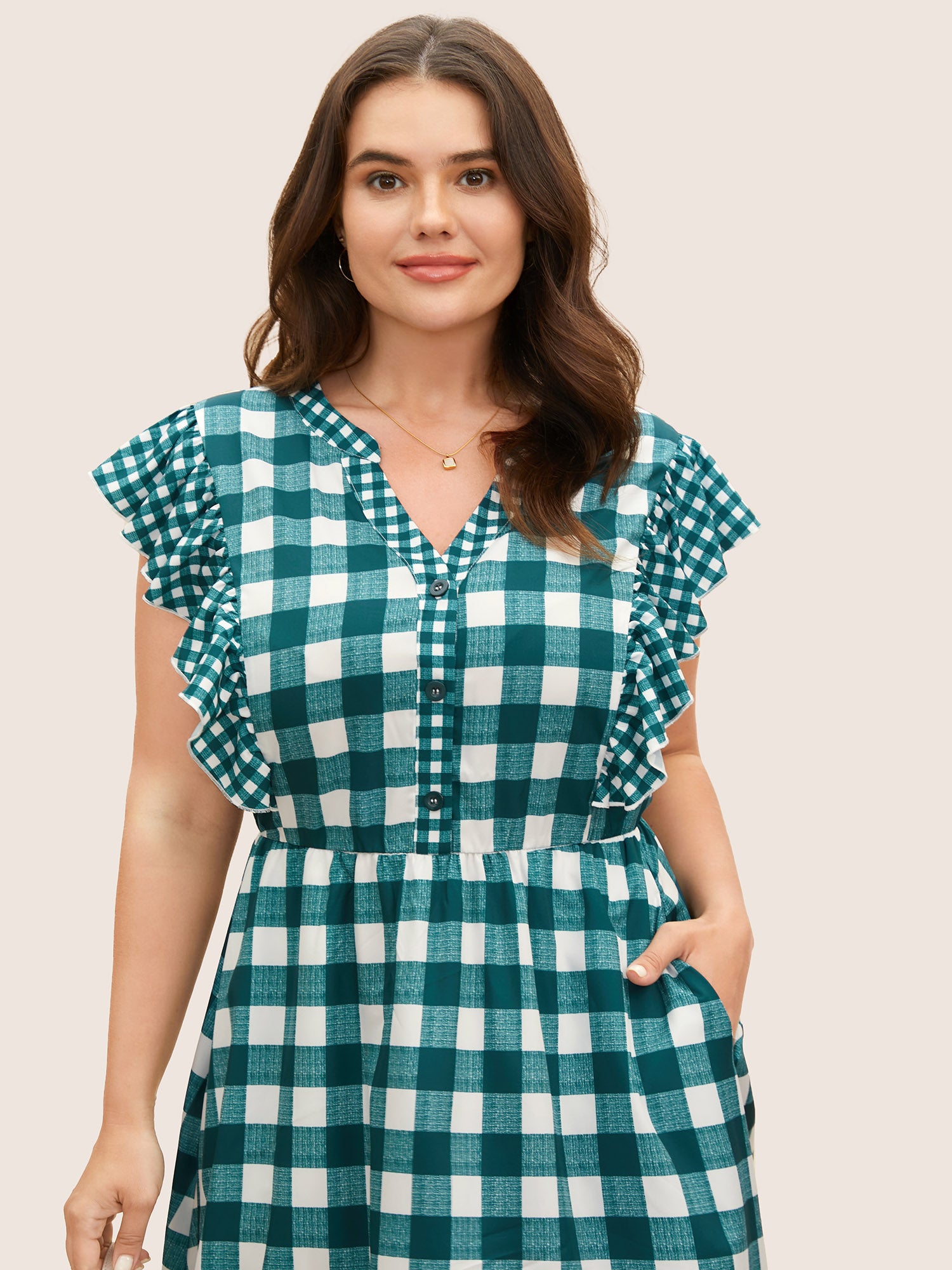 Plaid Notched Ruffle Cap Sleeve Midi Dress
