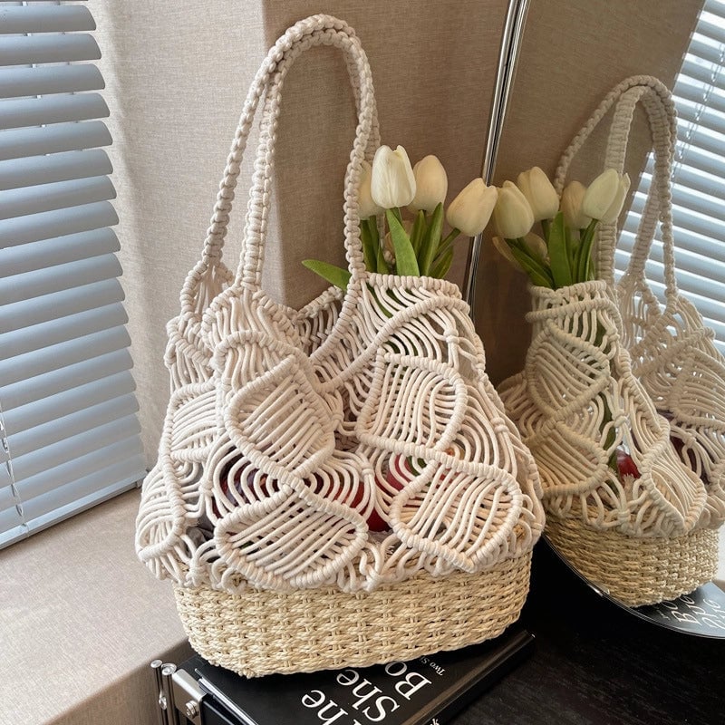 Women's Medium Spring&summer Cotton Solid Color Vacation Bucket Open Tote Bag