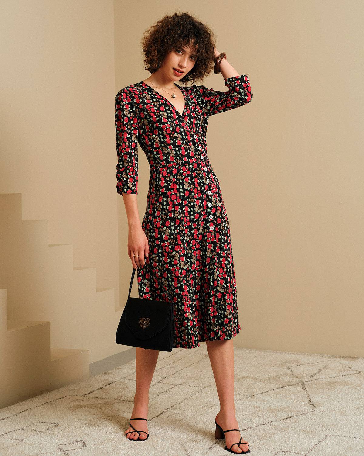 The V Neck Button Floral Midi Dress