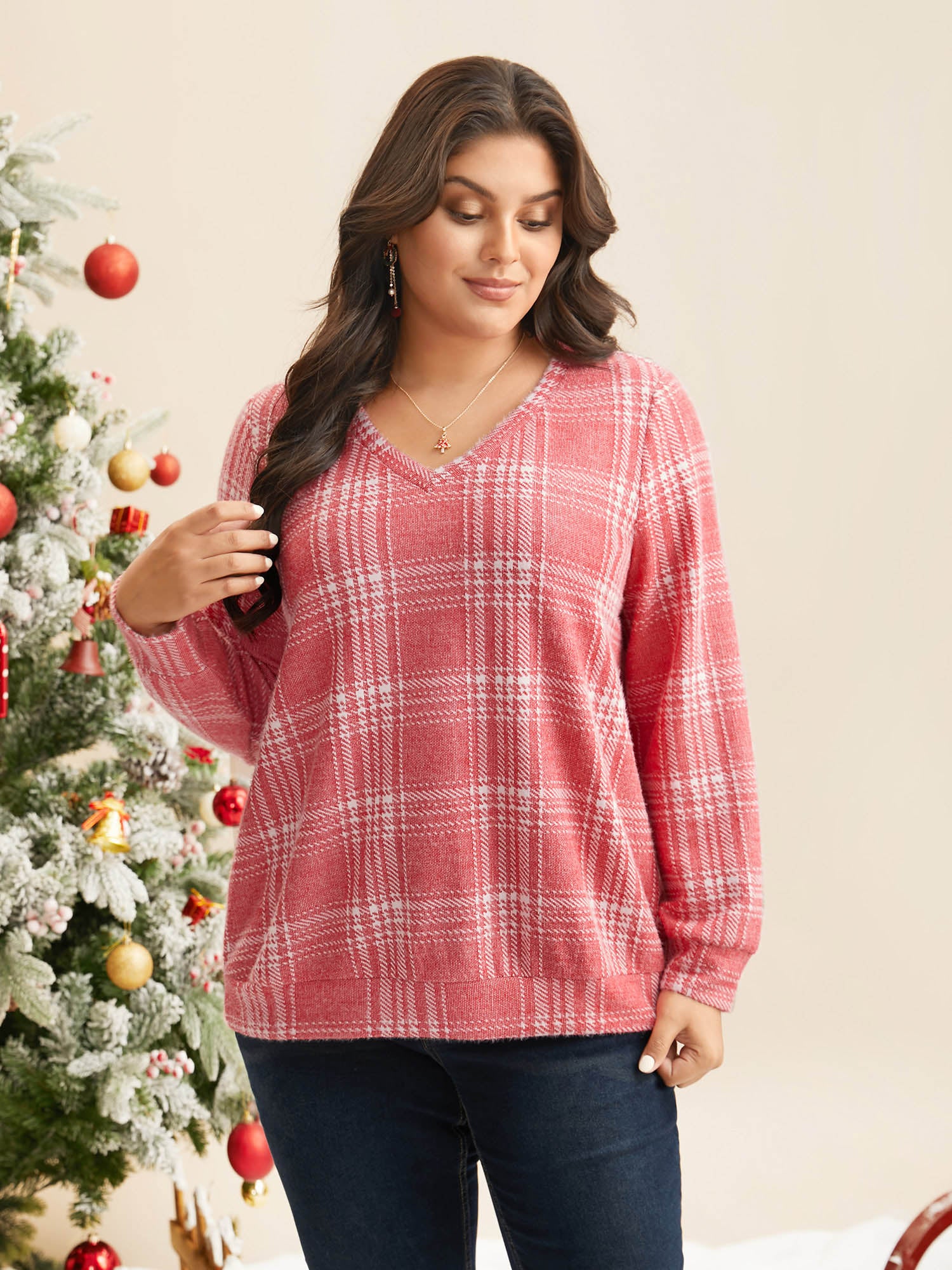 Brushed Plaid V-neck Sweatshirt