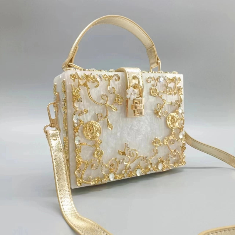 Clearance Acrylic Dinner Bag Hollow Metal Carved Diamond-embedded Handbag Shoulder Crossbody Women's Bag