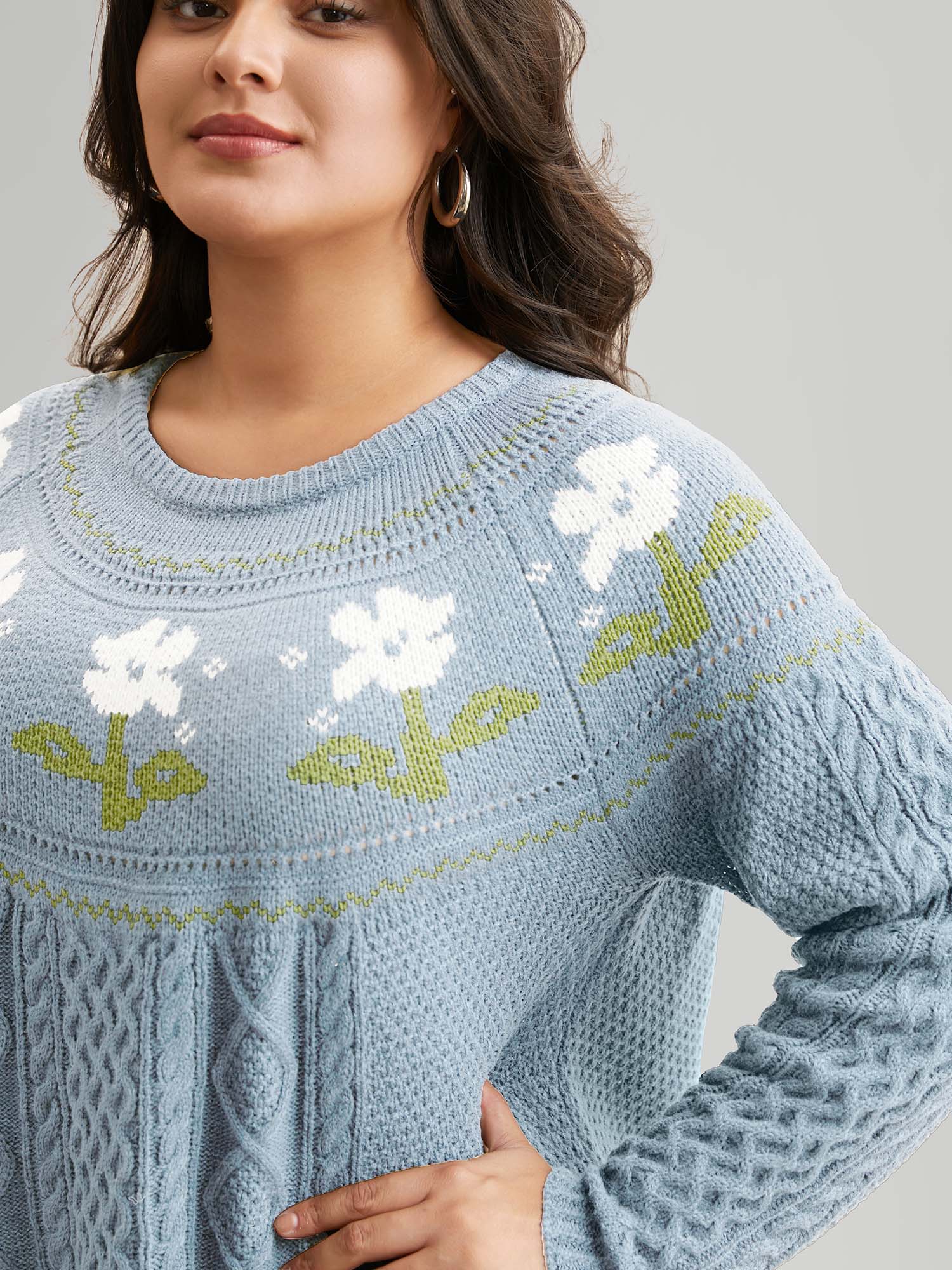 Floral Jacquard Raglan Sleeve Pullover