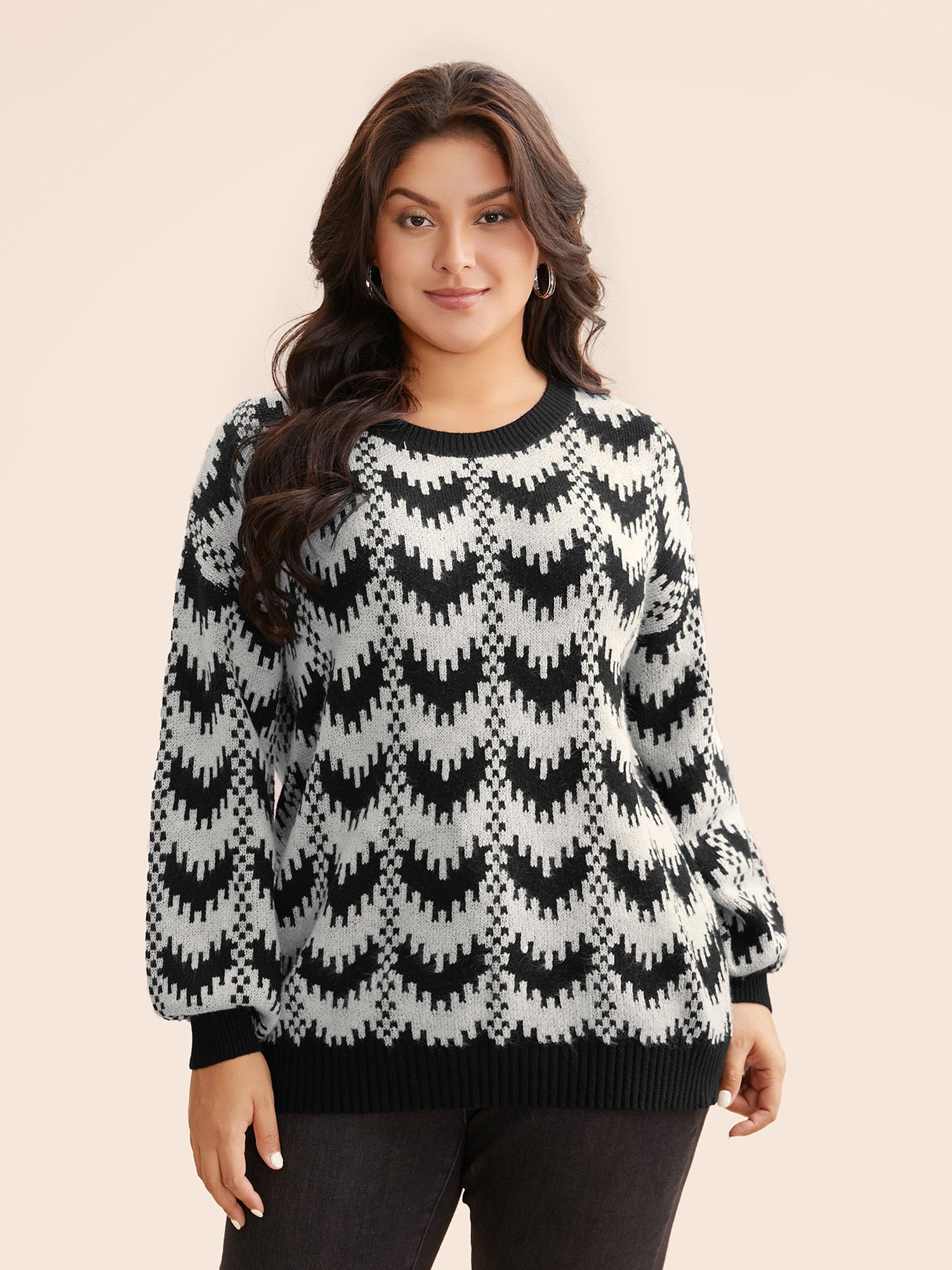 Geometric Jacquard Drop Shoulder Sleeve Pullover