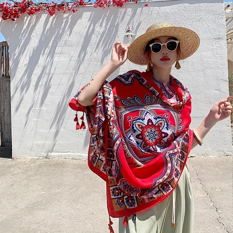 Ethnic Style Shawl Scarf Dual-use Sun Protection By The Sea Beach Scarf Red Large Gauze Scarf Female Desert Travel Photography Summer