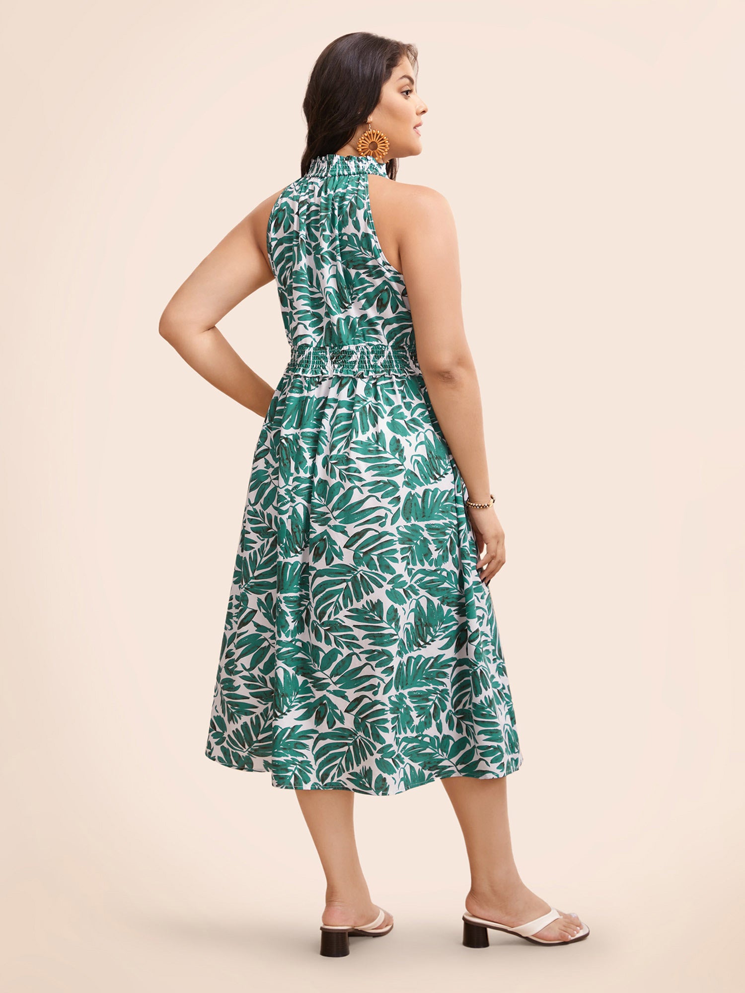 Tropical Print Shirred Frill Trim Sleeveless Dress