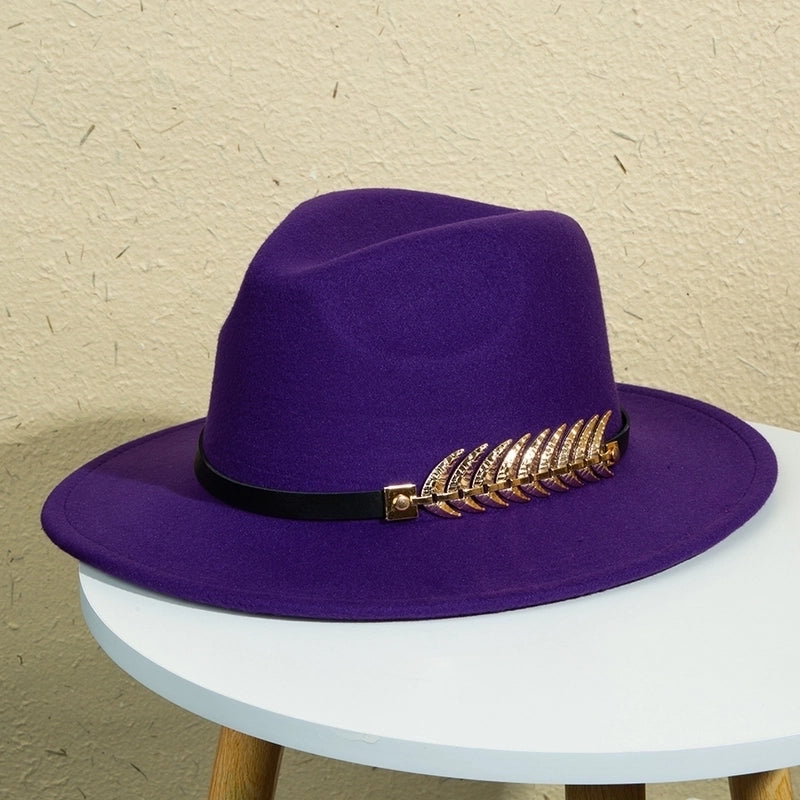 Unisex Retro Classic Style Leaves Solid Color Belt Buckle Wide Eaves Fedora Hat