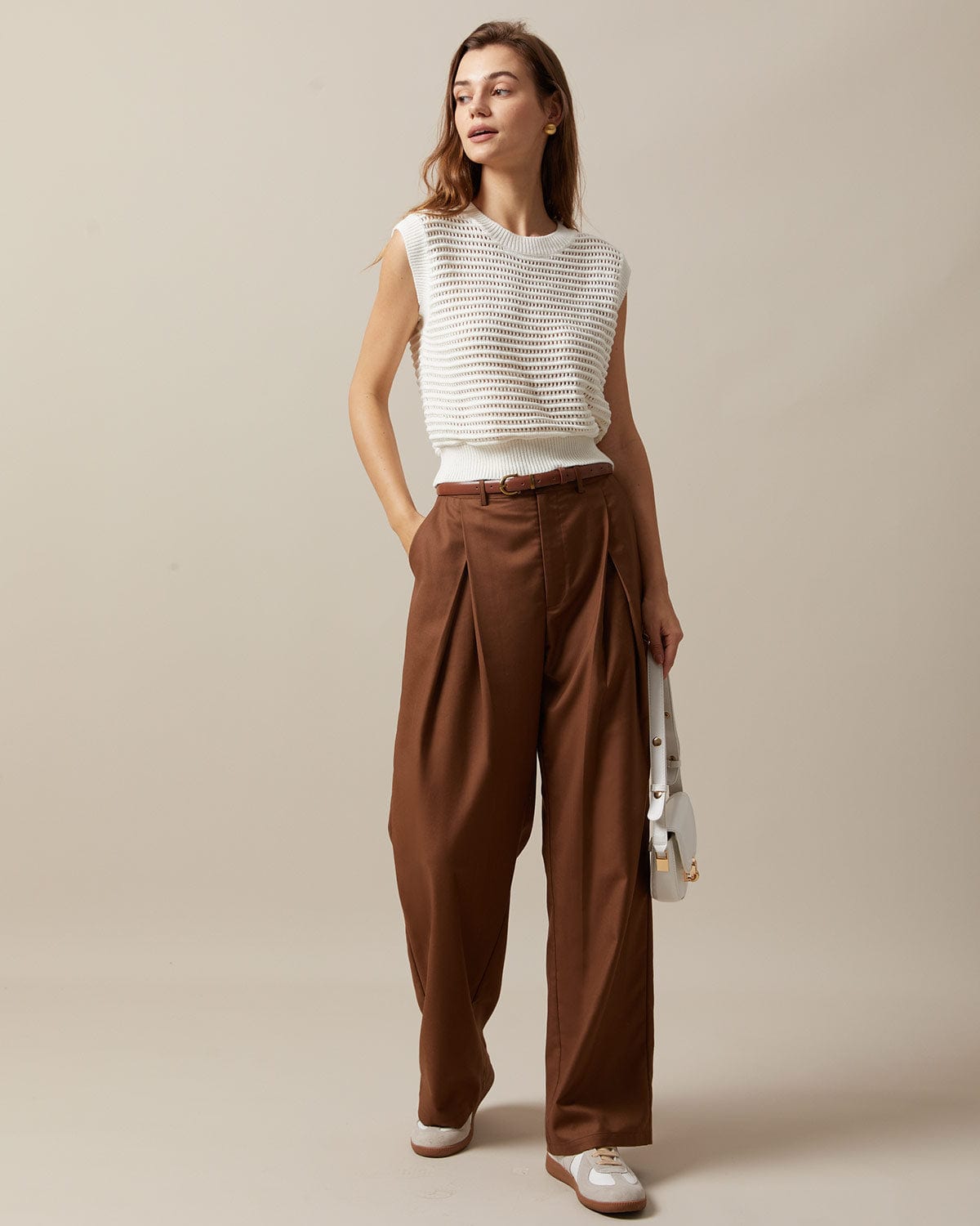 The Beige Sleeveless Pointelle Ribbed Knit Vest