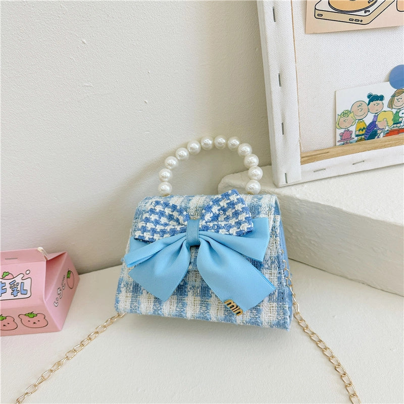 Girl's Pu Leather Houndstooth Bow Knot Cute Pearls Sewing Thread Square Magnetic Buckle Handbag