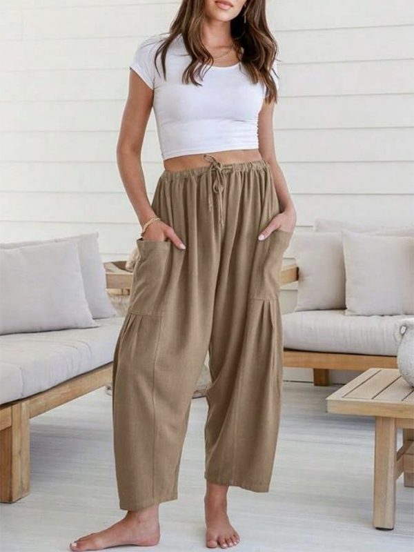 Column Loose Elasticity Pockets Solid Color Casual Pants Bottoms Trousers