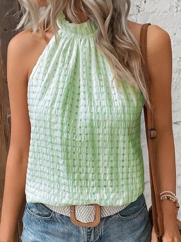 Loose Plus Size Hollow Jacquard Pleated Solid Color Halter-Neck Vest Top