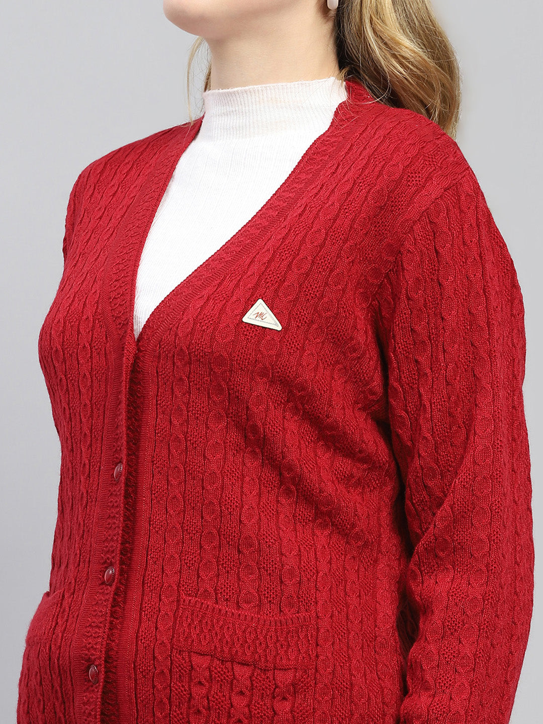 Women Red Self Design V Neck Full Sleeve Cardigan