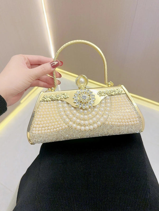 Gold Silver Black Pu Leather Solid Color Pearls Square Evening Bags